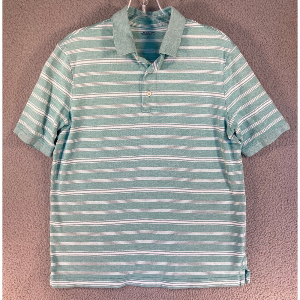 Lands' End Polo Shirt Men's Small Light Green Stripe Short Sleeve Classic Fit